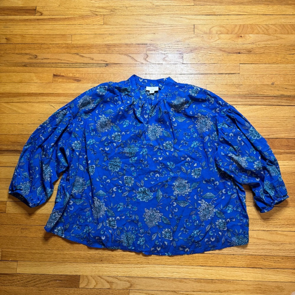 J. Jill Blue Floral Cotton Balloon Sleeve Blouse Petite Medium WTP295762